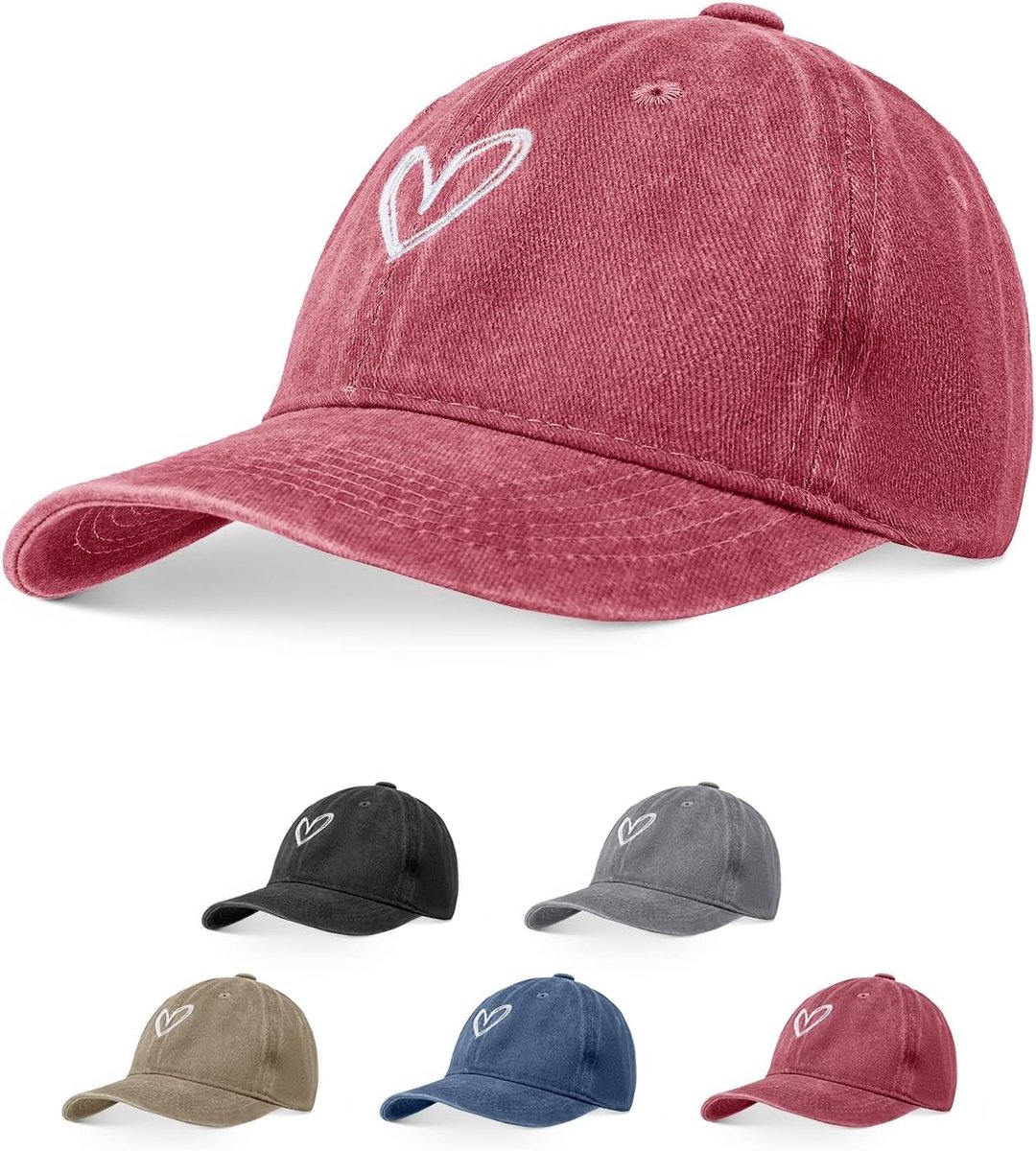 Vintage baseballpet voor dames, met hartvormig borduurwerk, verstelbare katoenen zonnepet voor de zomer