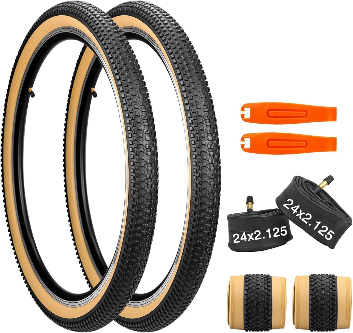 Set van 2 24/26/27,5 x 2.125 opvouwbare MTB-fietsbanden + 2 fietsbinnenbanden AV48 mm fietsbandenset 30TPI voor mountainbikes en racefietsen