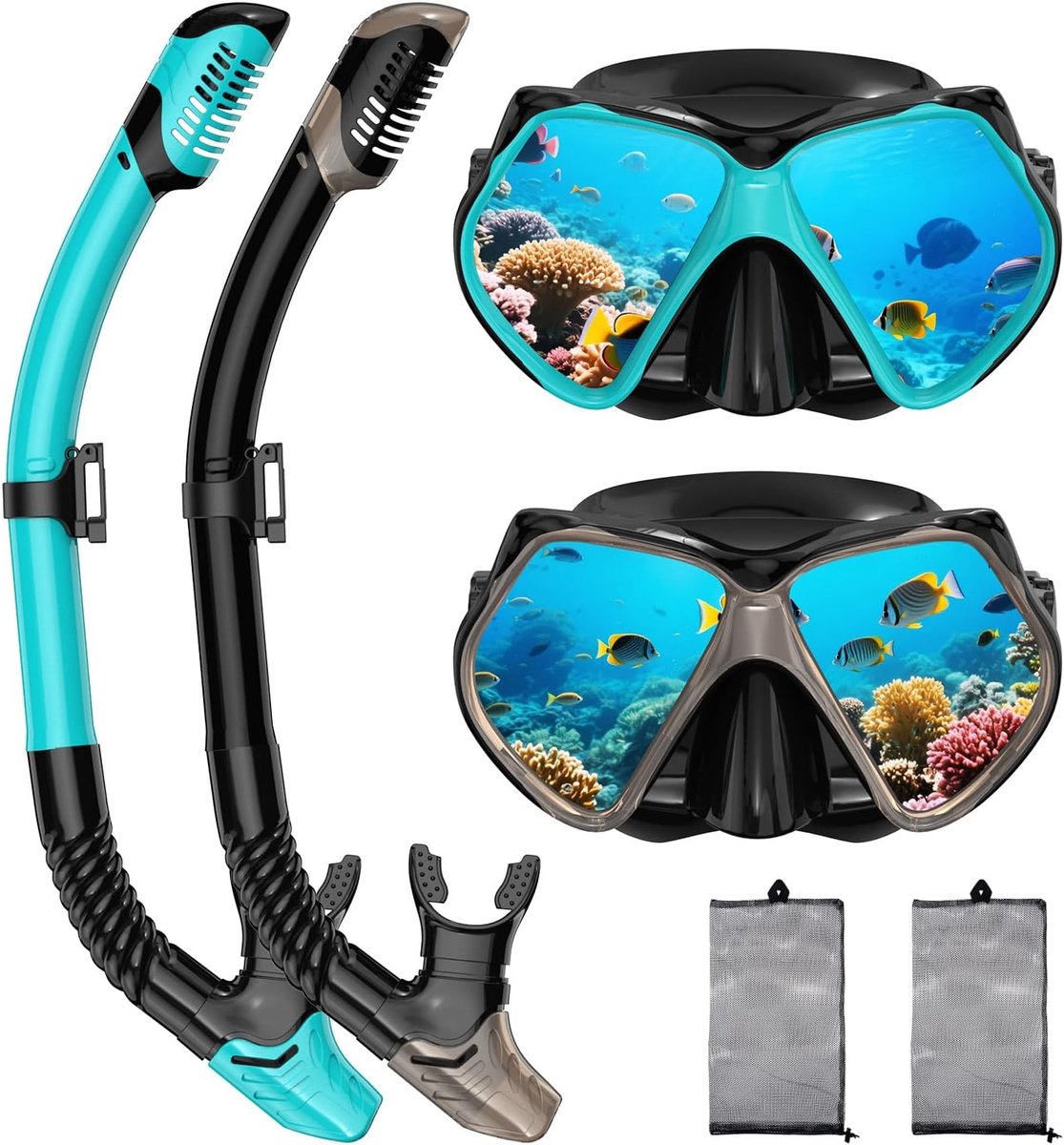 Snorkeluitrusting voor volwassenen, droog snorkelen, maskerset volwassenen, duikmasker, duikmasker, duikuitrusting, zwembril met neusafdekking, zwemmen freediving gehard glas panoramisch zicht