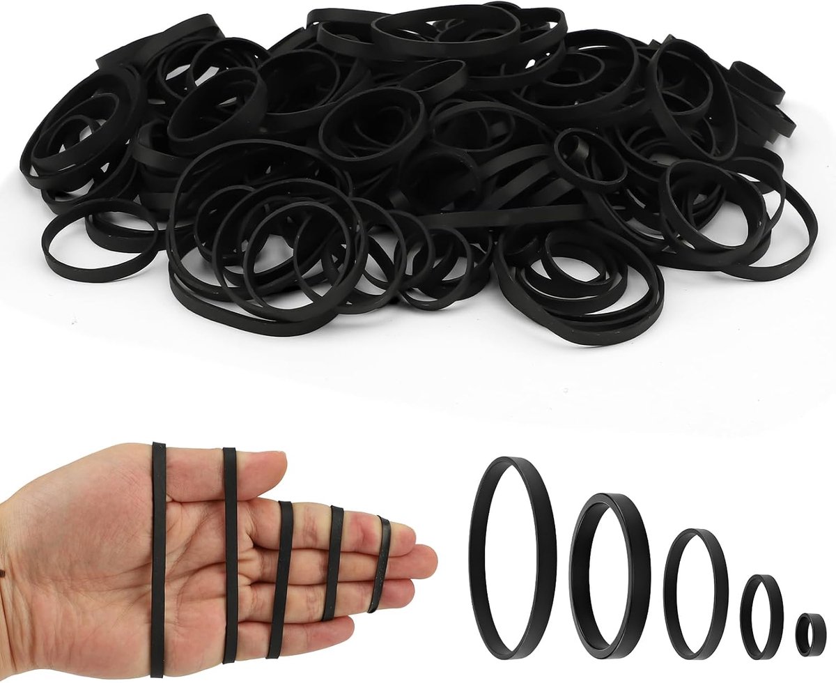250PCS Zwarte Elastische Banden, 5 Maten Dikke Rubberen Banden Herbruikbaar