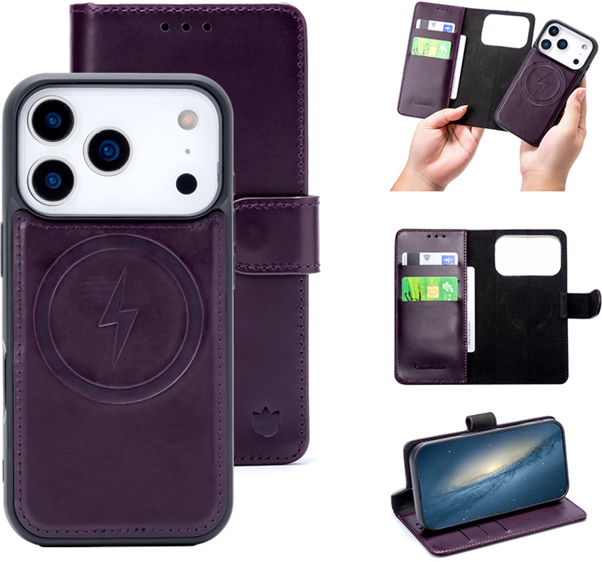 Casemania Echt Leren Hoesje Geschikt voor Apple iPhone 18 Pro - Dark Purple - Geschikt voor MagSafe - Leer 2 in 1 Magnetisch Afneembare Book Case - Portemonnee Telefoonhoesje met Pasjeshouder