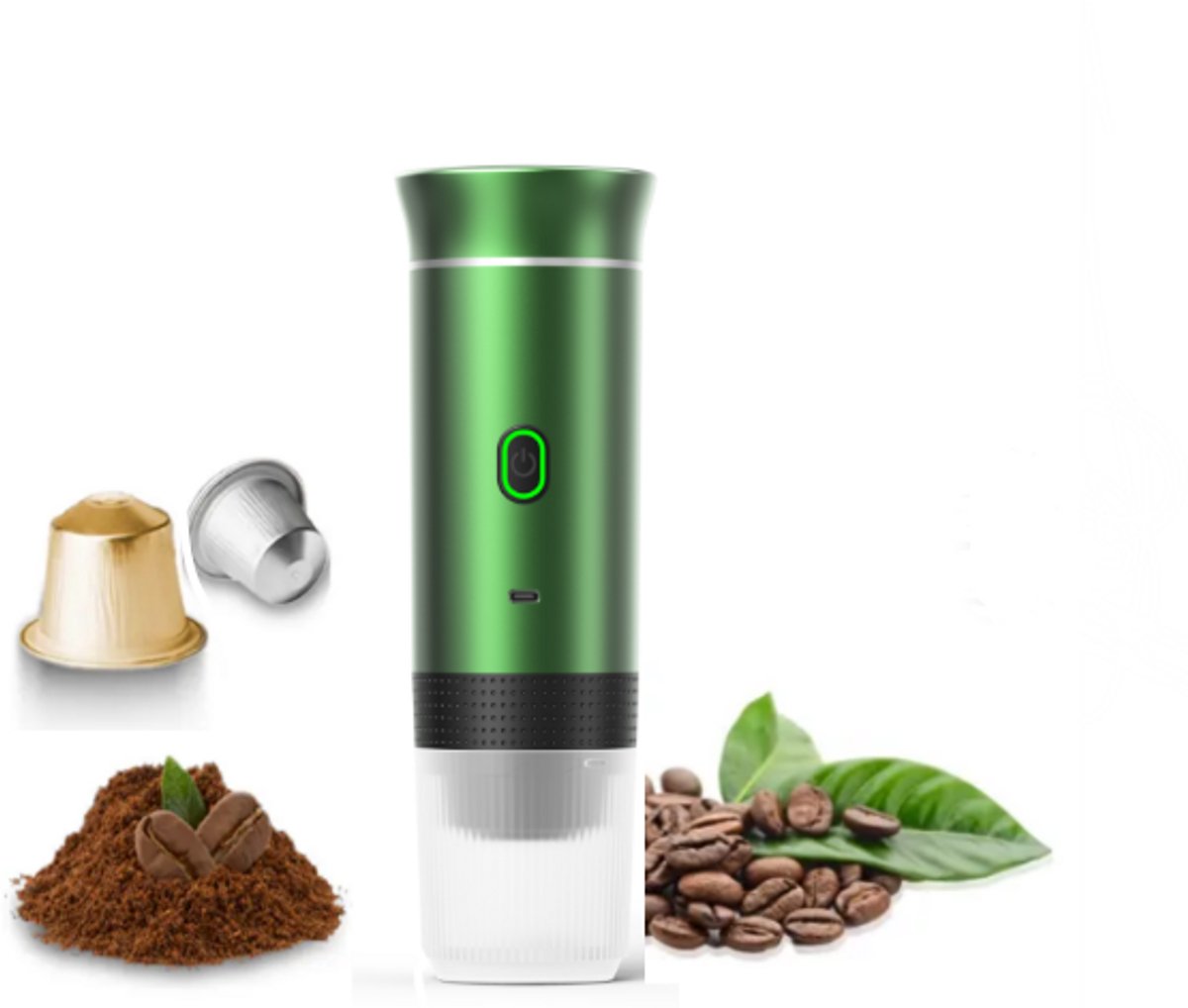 Draagbaar Koffiezetapparaat voor Onderweg - Draadloos voor in de Auto - 12 Volt - Espresso - Nespresso - Dolce Gusto - Capsule Koffie - Gemalen Koffie - Cups - Oplaadbaar - Draagbare Koffiemachine - Groen
