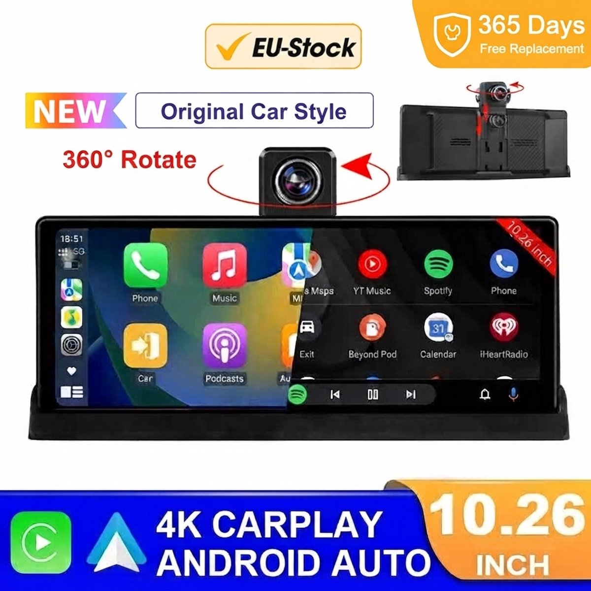 Archi 10,26 Inch 4K Dashcam – Apple CarPlay & Android Auto – Voor- en Achtercamera – WiFi – Bluetooth – Achteruitrijcamera