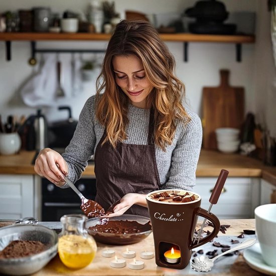 Mok voor Chocoladefondue - Wit - 200 ml - Keramische Fondue Set met Vork en Theelichtjes - Voor 1-2 Personen — afbeelding 3