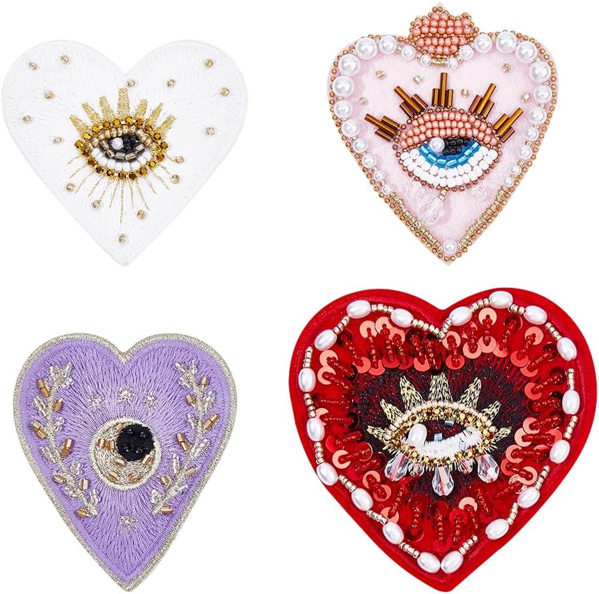 4 stuks 4 stijlen boze ogen hart kraal patches, strass boze ogen pailletten applicatie naaien op liefde patch met parels voor kleding decoratie handtas versiering jas accessoire
