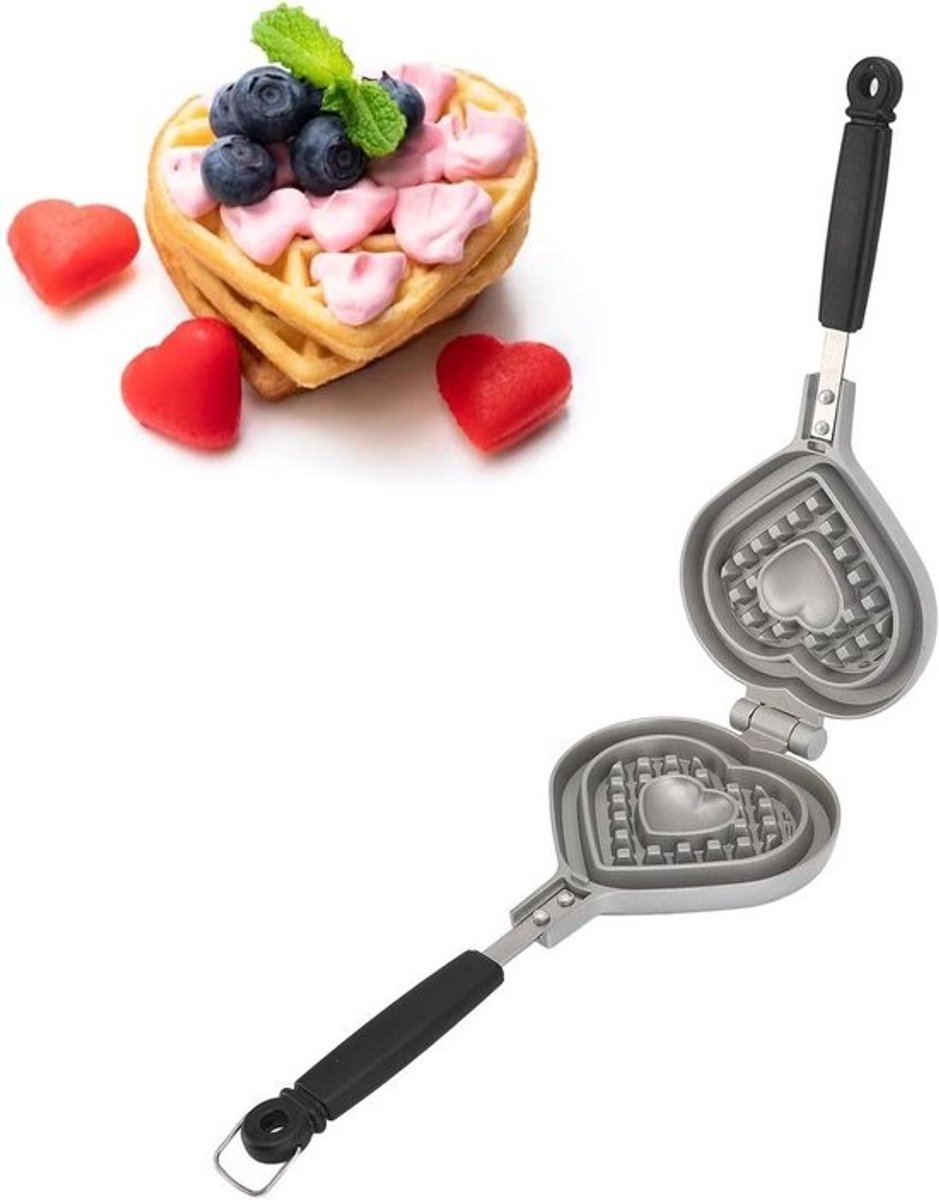 Wafelpan Hartvormig - Wafelijzer Pan - Ontbijt Bakken - Dubbelzijdig Ontwerp - 5.7x13.8 inch - Zwart