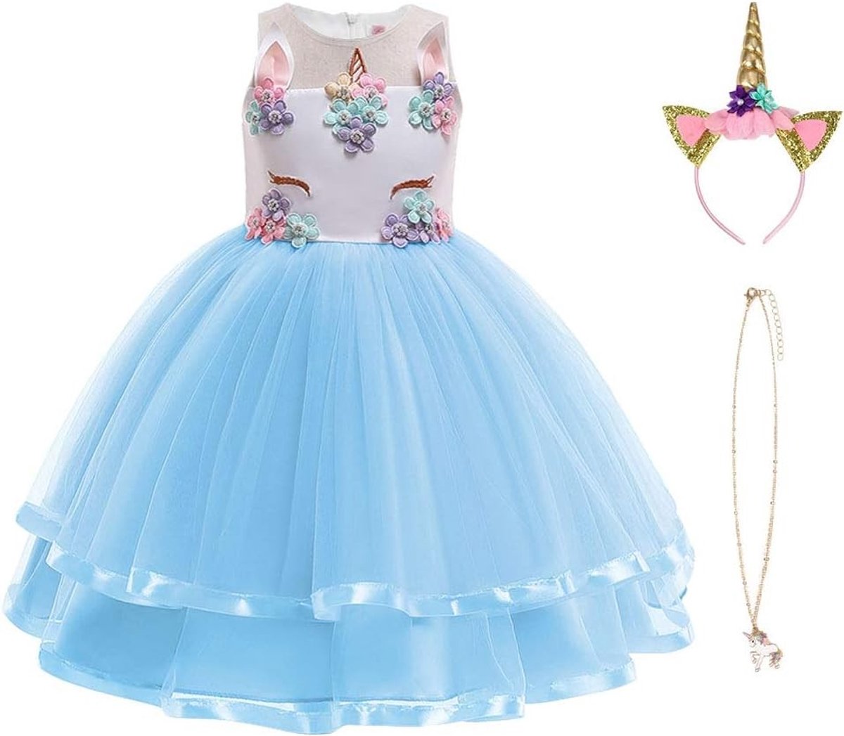 Unicorn Kostuum voor Kinderen, Prinsessenjurk met Sieraden en Hoofdband voor Verjaardagen, Cosplay en Halloween Feesten, Leeftijd 2-10 Jaar