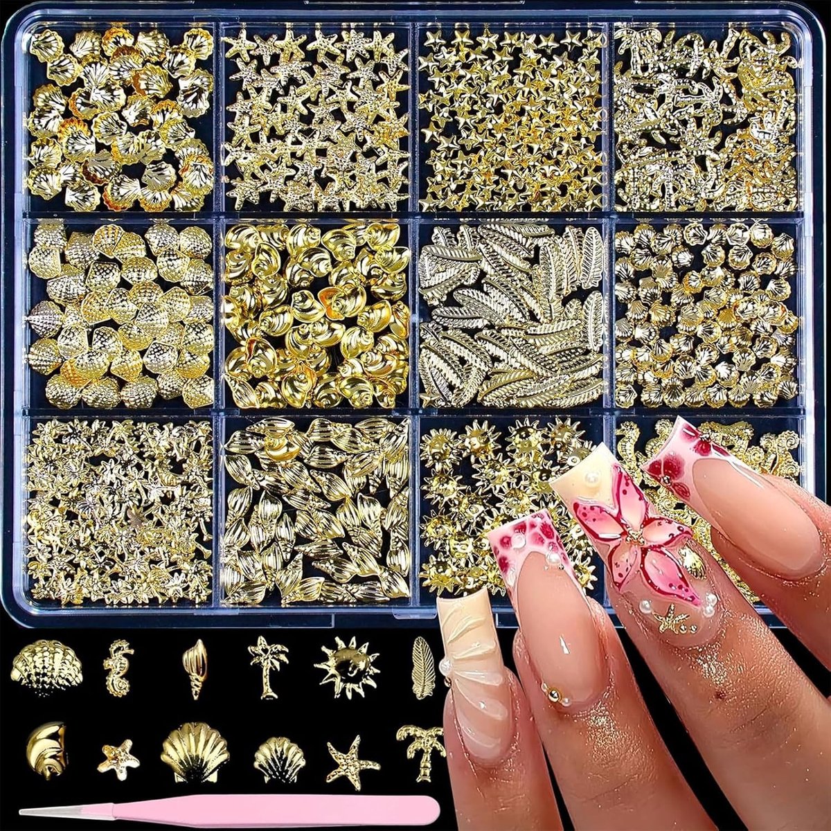 3D metalen nagelkunst: nagelstuds in diverse vormen, gouden schelpen, zeepaardmotieven, strassstenen en tropische zee-inspiraties voor unieke nageldesigns