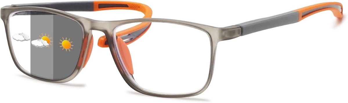 Zelfkleurende leesbril met blauwlichtfilter, voor dames en heren, fotochroom, leeshulp, rechthoekig, flexibel, UV400-bescherming, zonnebril +1,0 tot +4,0, Grijs frame oranje arm (grijs