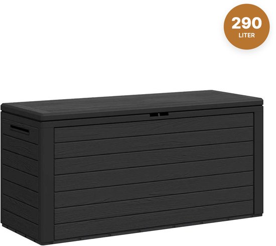 Zwarte polypropyleen opbergbox met houtstructuur en handgrepen aan zijkant. 290 liter inhoud.