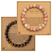 Bixorp Sterrenbeeld Leeuw Armbanden Set van Zonnesteen & Tijgeroog – Edelsteen Kralenarmbanden met Zodiac Leo Bedel – 8mm / 18 cm