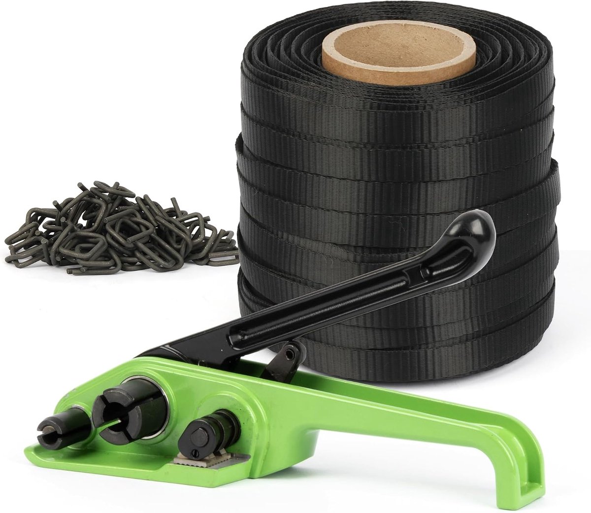 Solid Omsnoerset met 19 mm x 100 m weefseltape voor pallets, 2-in-1 spangereedschap, 100 fosfaatgespen, handmatige omsnoeringsbandset
