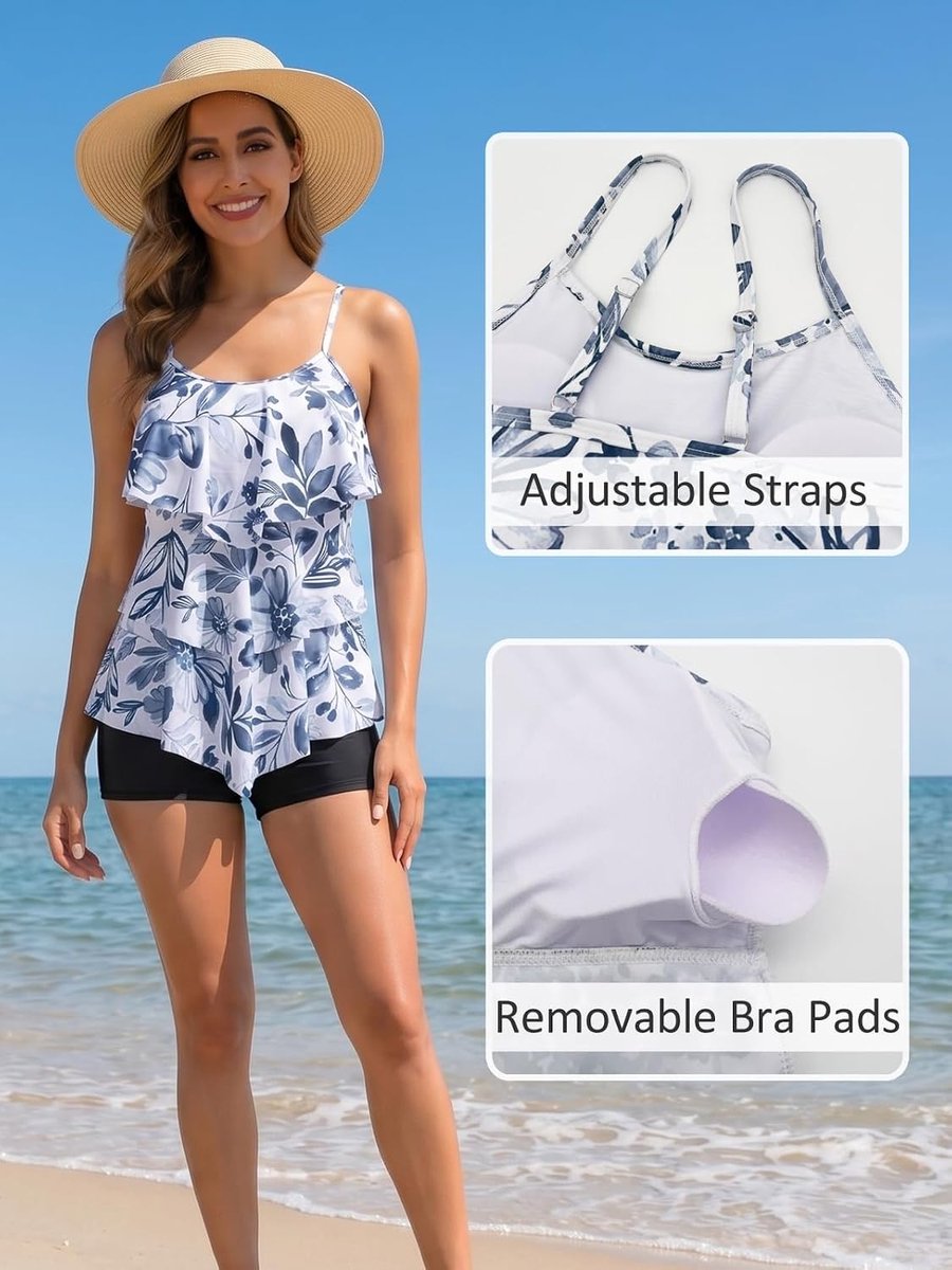 2 Stuk Tankini Badpakken Volant Gedrukt Top Met Boyshorts Plus Size Badmode Badpak