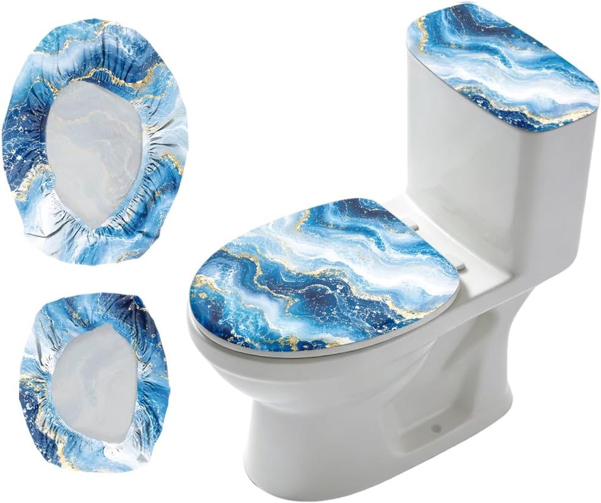 2 Stks Blauw Marmer Toilet Deksel Cover En Tank Cover Set Stretch Cover Sets Moderne Toilet Stoffen Sets Machine Wassen Past Rond Langwerpig Langwerpig voor Badkamer Vervanging