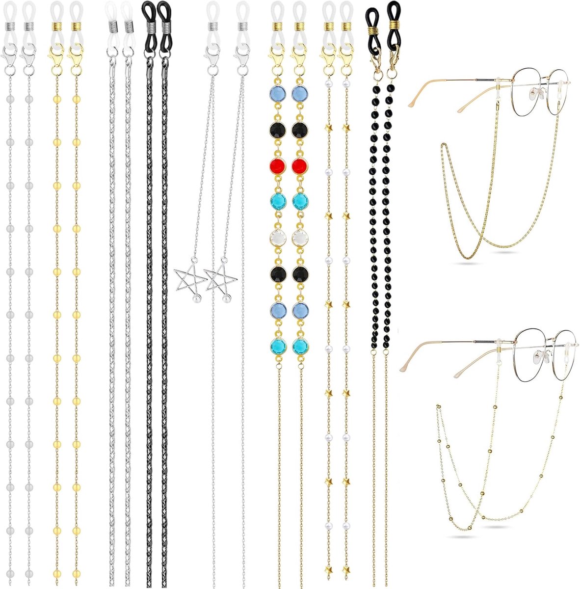 8 Stuks Brillenketting, Brilketting voor Dames, Verstelbare Zonnebrilketting Brilband met Siliconen Lussen voor Dames en Heren