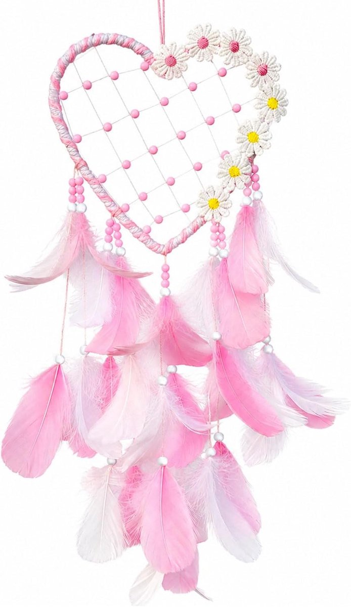 Hartvormige Dromenvanger met Madeliefjes & Veren – Handgemaakte Dream Catcher Wanddecoratie voor Slaapkamer & Kinderkamer