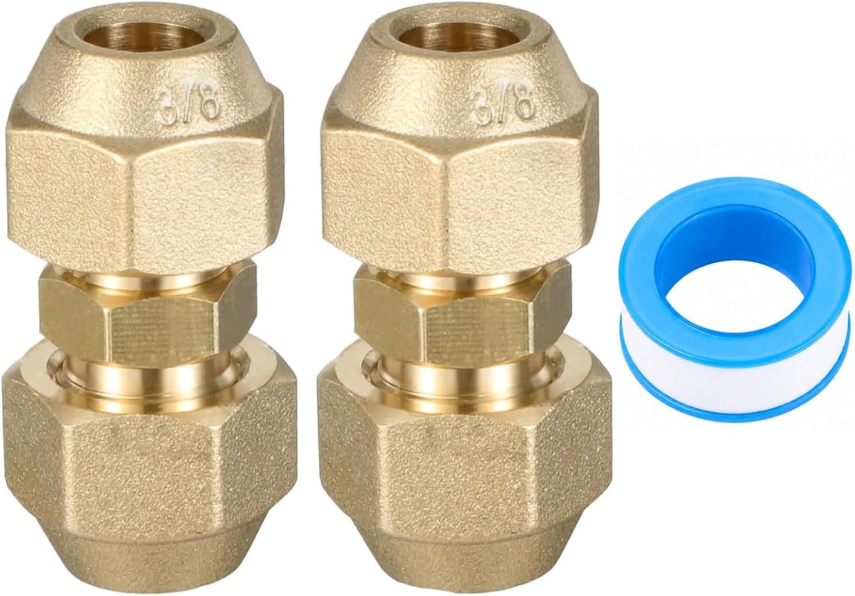 Koperbuisverlengingsset voor airconditioning, 2 stuks, 3/8 inch, lasvrije AC-dubbele nippel, verbindingsadapter met wartelmoer, inclusief 1 rol schroefdraadafdichtband voor koelmiddelleidingen en