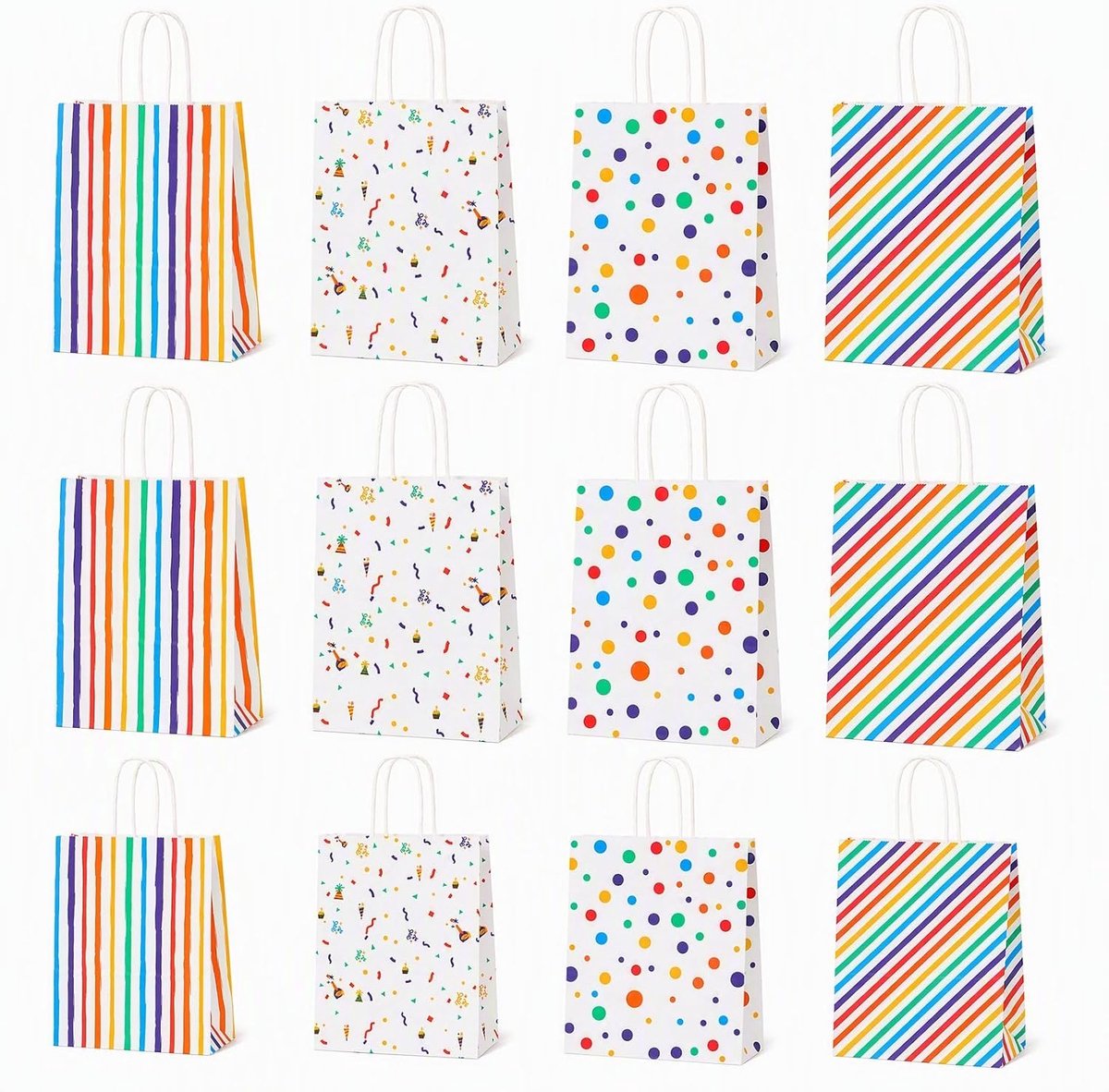 12 stuks Rainbow Polka Dot geschenkzakjes met handgrepen, 22 cm x 16 cm x 7,9 cm kleine kraftpapieren feesttas, goodiezakjes voor kinderverjaardagen, babyshower, feestzakje voor kinderen