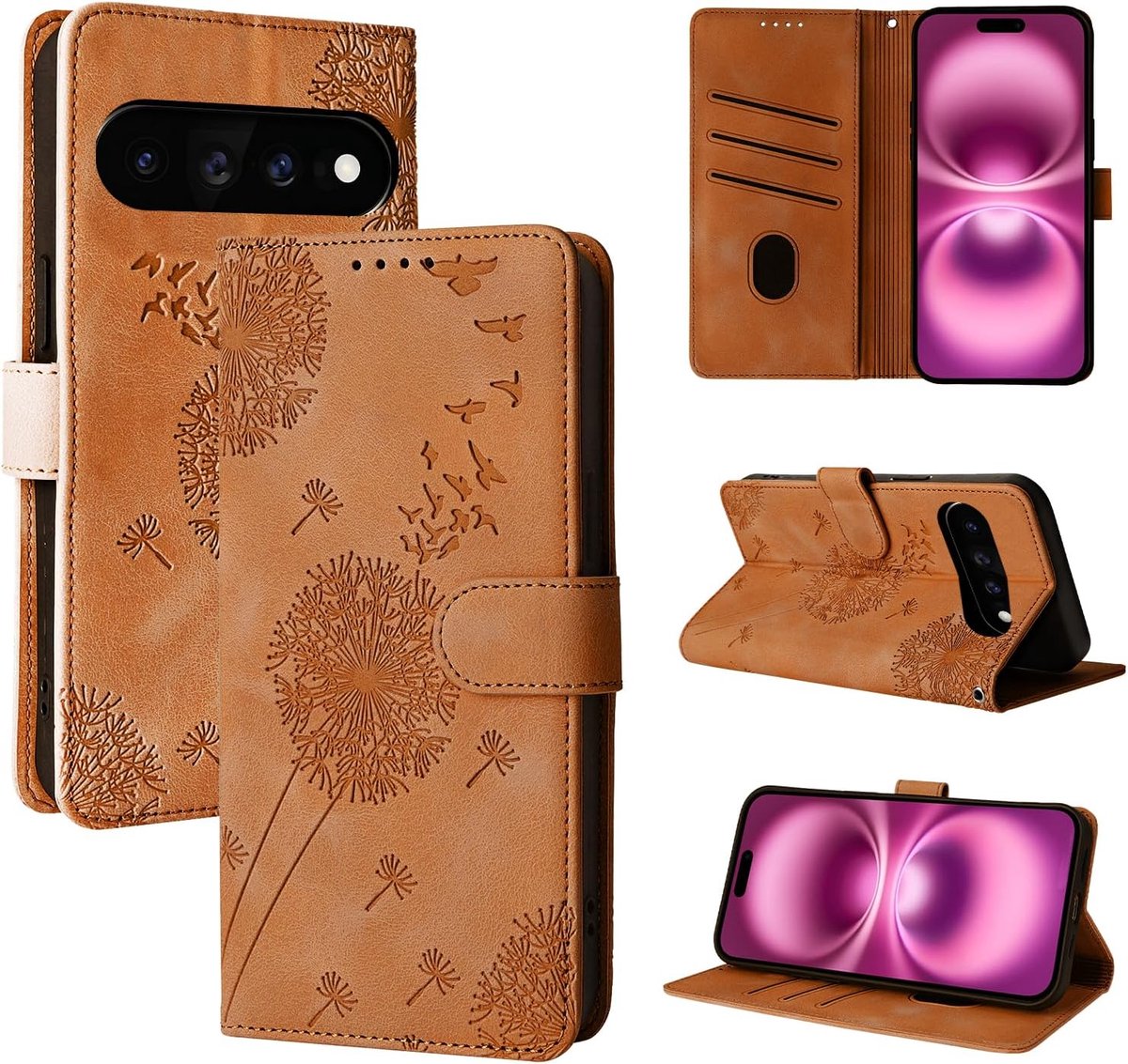 Hoes voor mobiele telefoon voor 5G 6,3 inch, paardenbloem, PU-leer, flip case, portefeuille, tas, hoes, magnetische telefoonhoes voor 5G 6,3 inch, bruin