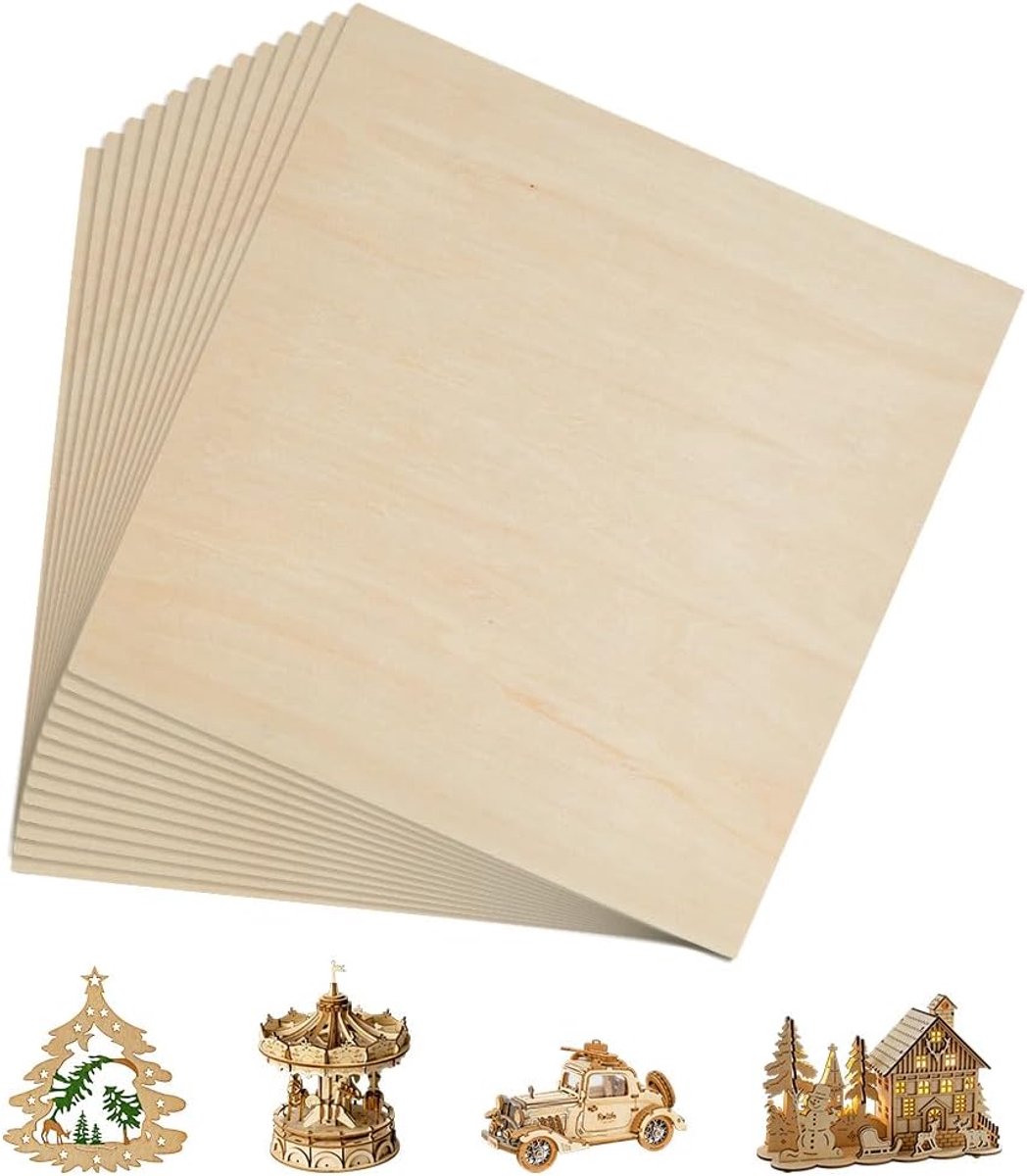 Dailygoods- Houten Platen 12 Stuks - Vierkante Platen - Houten Planken - Knutselprojecten - Houtbrandprojecten - 300 mm x 300 mm