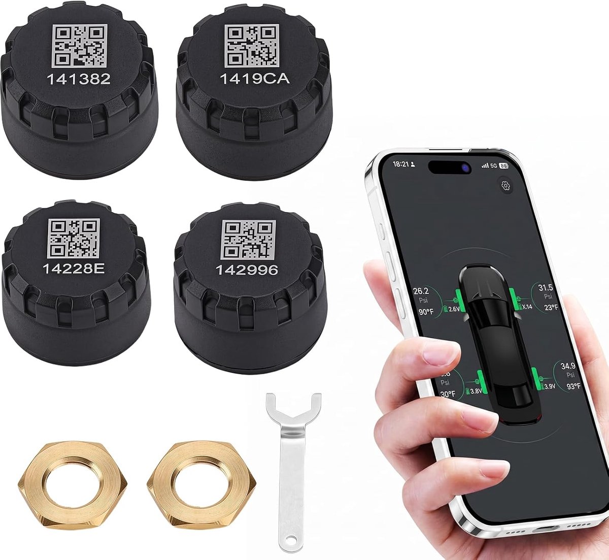 Draadloze Bandenspanningssensor Bandenspanningscontrolesensor 0-8Bar Realtime APP-bewaking IP67 Waterdicht Stofdicht met Gesproken Meldingen voor Motorfietsen ATV (4 sets)