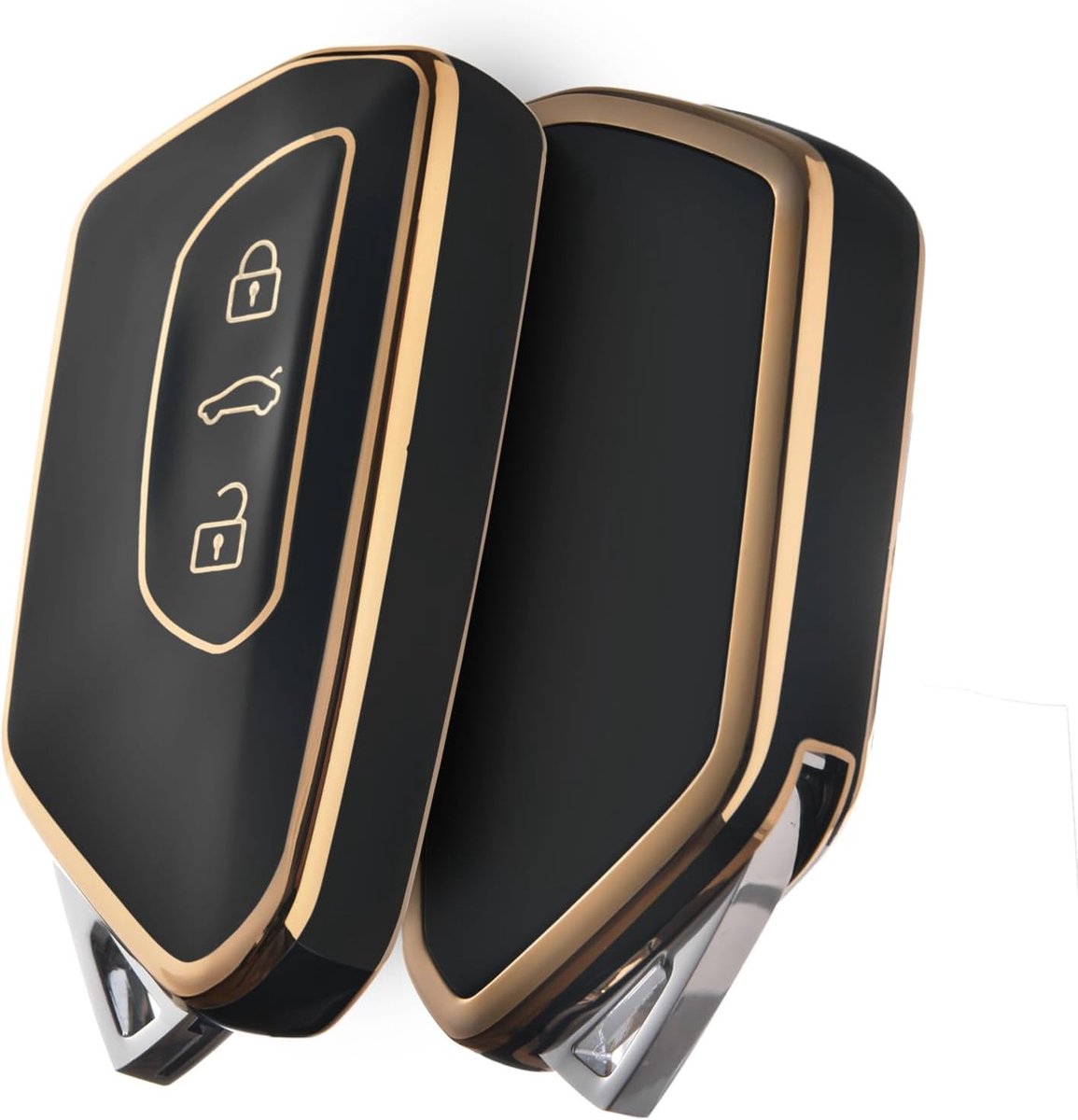 Autosleutelhoes voor VW, TPU siliconen sleutelhoes, compatibel met Golf 8, ID3, ID4, GTI, GTE, Seat Leon MK4, Tarraco, Ateca & Skoda Octavia (gouden rand zwart)