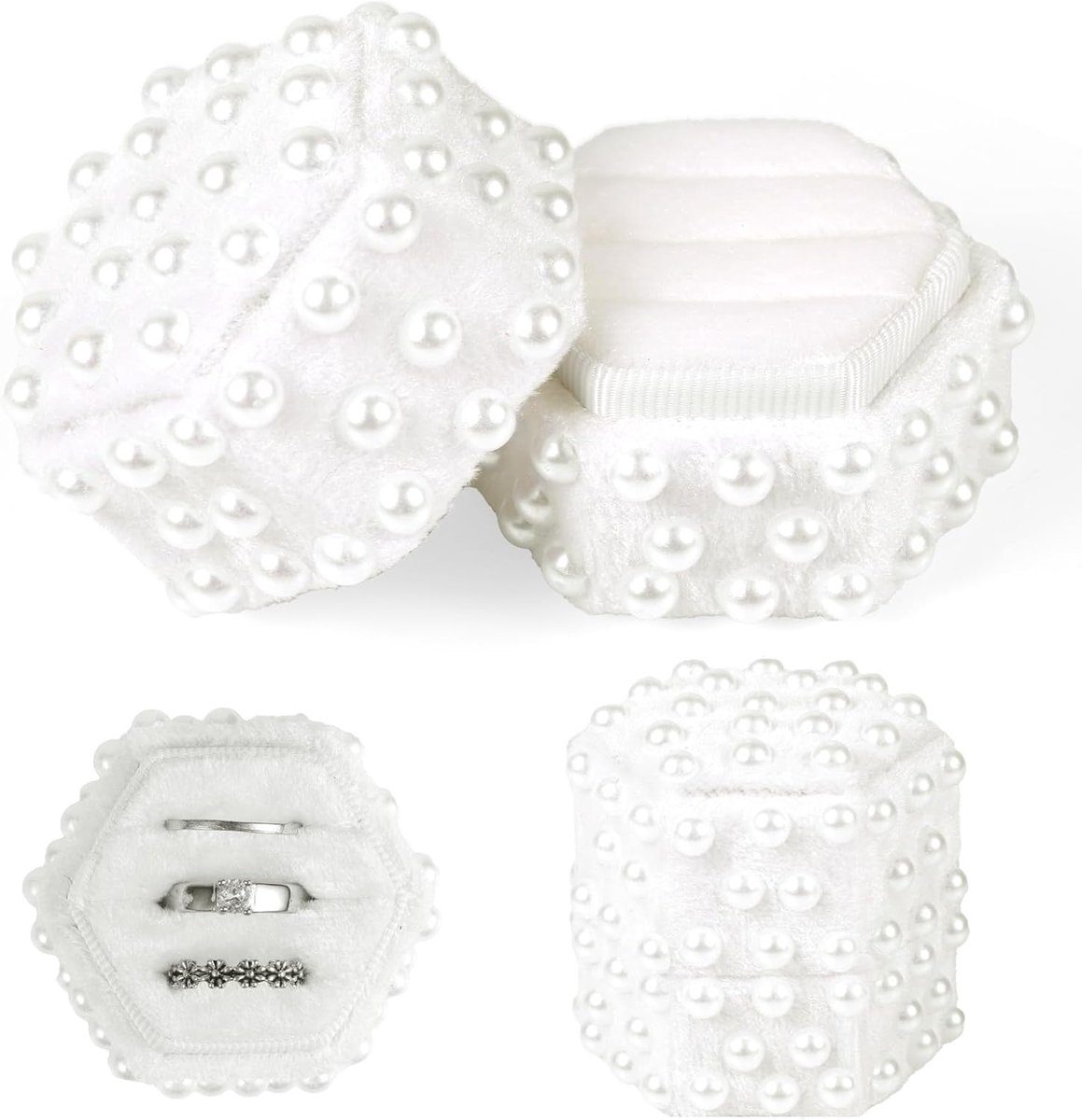Dailygoods- Sieradenbox Elegant - Ringdoosje - Zeshoekig - Verlovingsringhouder - Bruiloft - Fluweel - 3 Vakken - Ringdoos