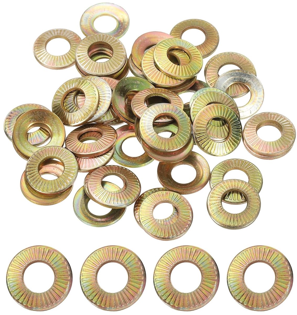 Platte sluitringen, M8 x 16 x 1,4 mm, 50 stuks, staal, 65 Mn sluitring, veer, Belleville, conisch, gekarteld, metrisch, voor auto's, industriële bouw (geel verzinking)