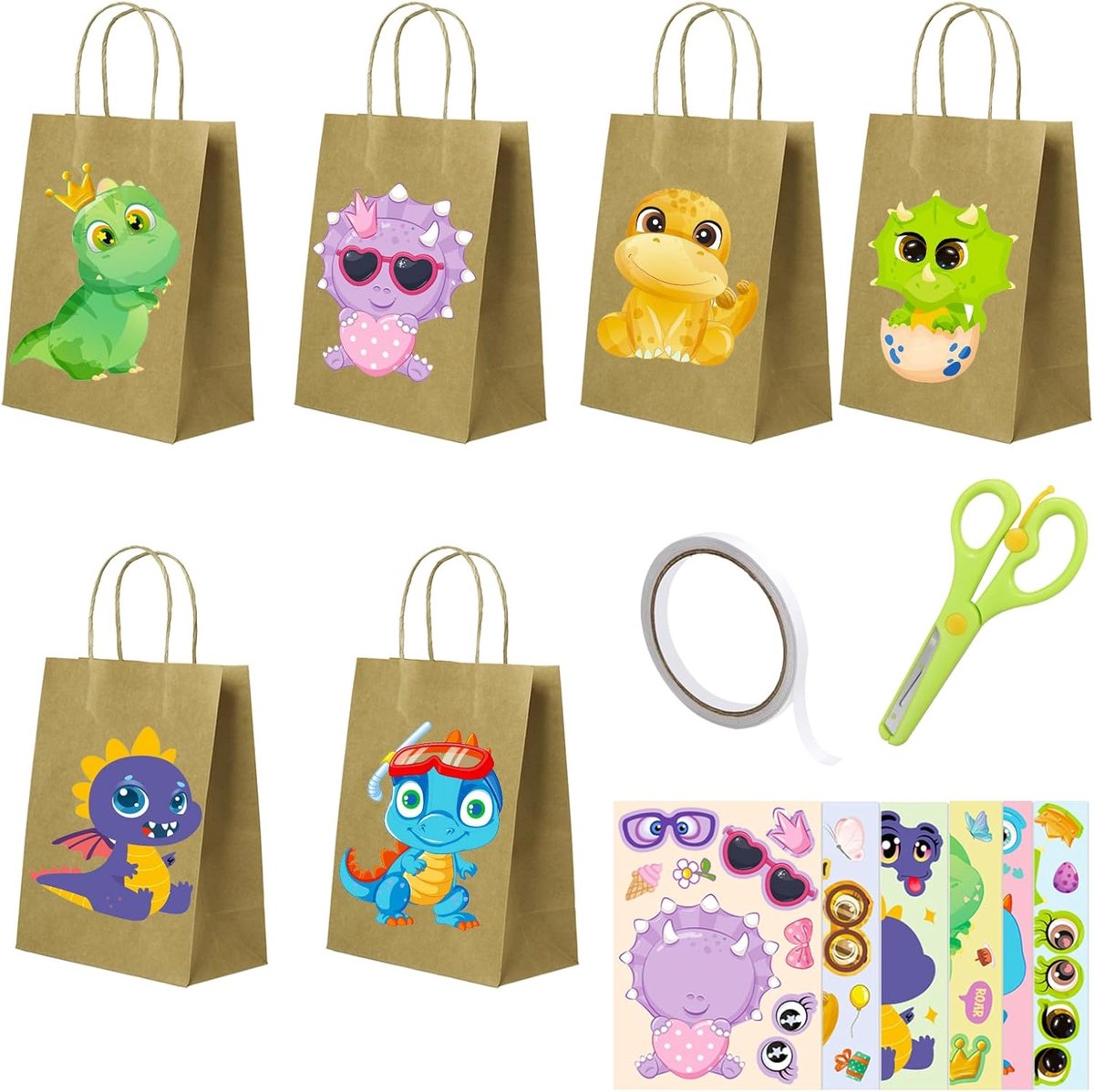 Dailygoods- Feestzakjes Dinosaurus - 6 Stuks - Herbruikbare Papieren Zakjes - Geschenkzakken - Kinderfeest - 21 x 15 x 8 cm - Sterke Draagtassen - Ges