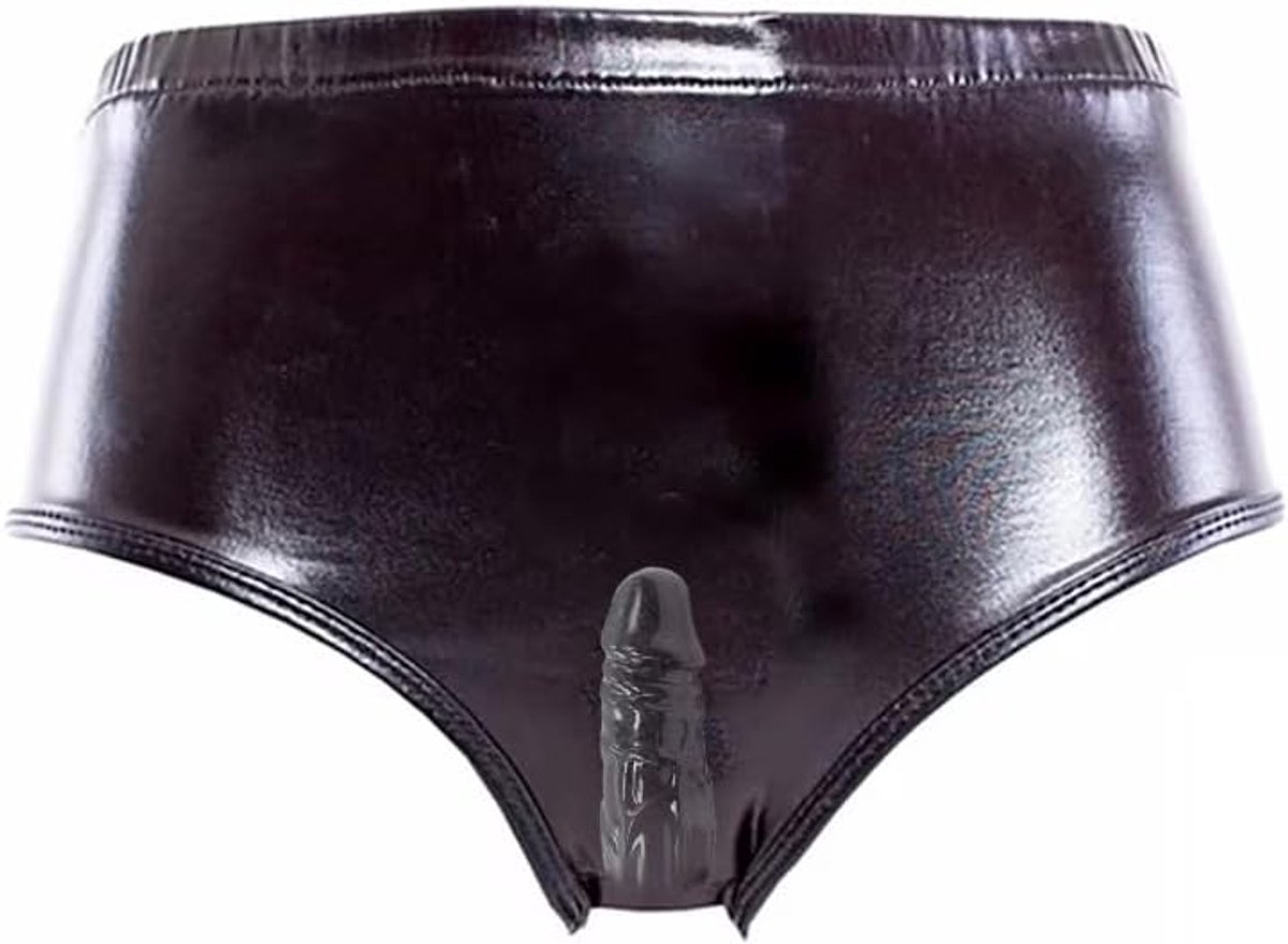 Seksproduct alleen voor volwassenen lakleer heren slip met binnendildo polyester sexy lingerie slip met anale plug seks ondergoed vrouwen maat L 1 stuk
