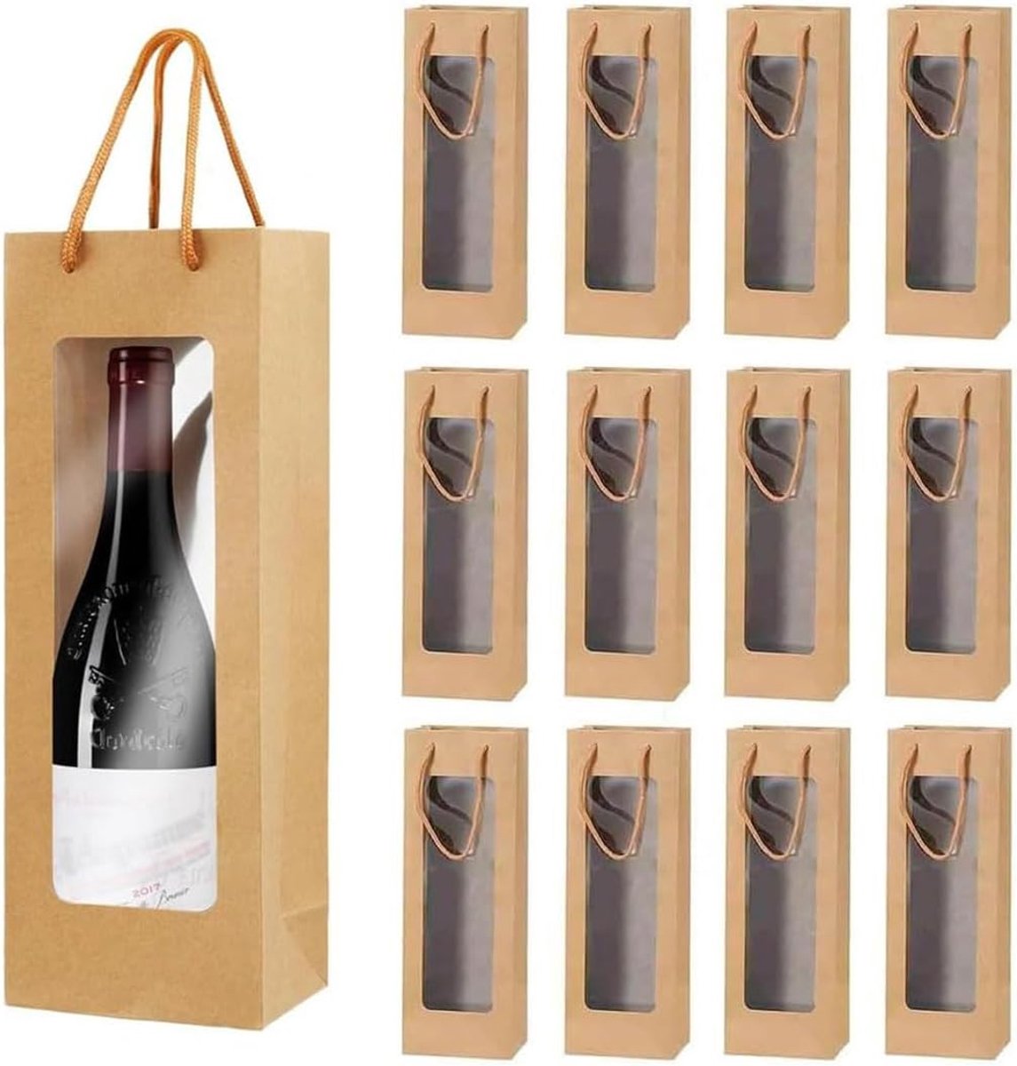 Dailygoods- Wijngeschenkzakken 12 Stuks - Kraftpapier - Herbruikbare Draagtassen - Doorzichtig Venster - Handgrepen - Perfect voor Feesten - Wijnzakke