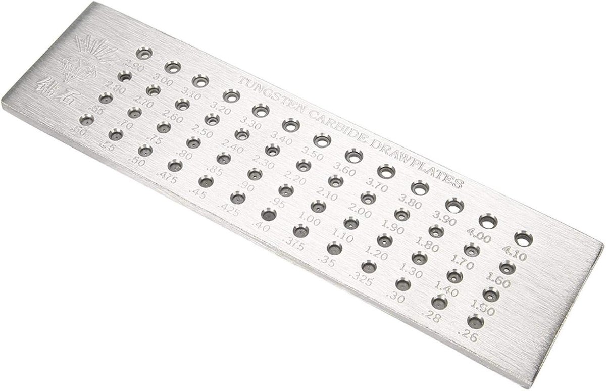 Dailygoods- Draadtrekplaat Wolfraamcarbide - Sieradengereedschap - 52 gaten - Diameter 0,26-4,10 mm - Duurzaam staal - 20,5 x 5,5 cm