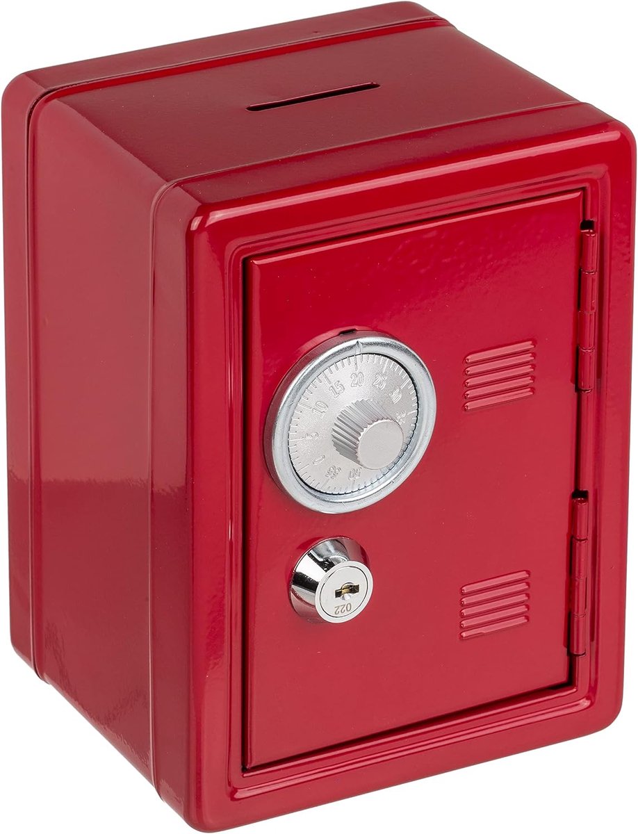 Dailygoods- Spaarpot Kluis - Rood Gelakt Metaal - Combinatieslot/Sleutel - Uittrekbare Muntenlade - Inwerpopening Boven - Afmetingen 16 x 11,5 x 10 cm