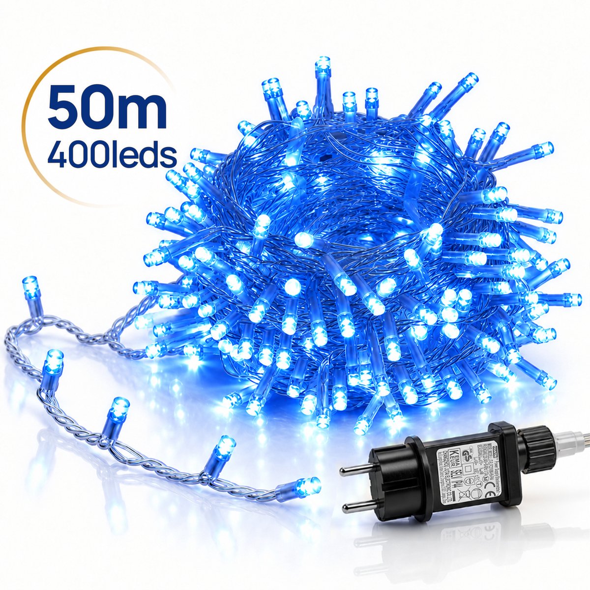 Lapamax LED Lichtsnoer - Kerstverlichting 50 m 400 LEDs Blauw - Zonder Tail Plug - 31 V Laagspanning met Timer, Geheugen en 8 Lichtstanden - Kerstboomverlichting met Adapter en 3 m Aanloopsnoer