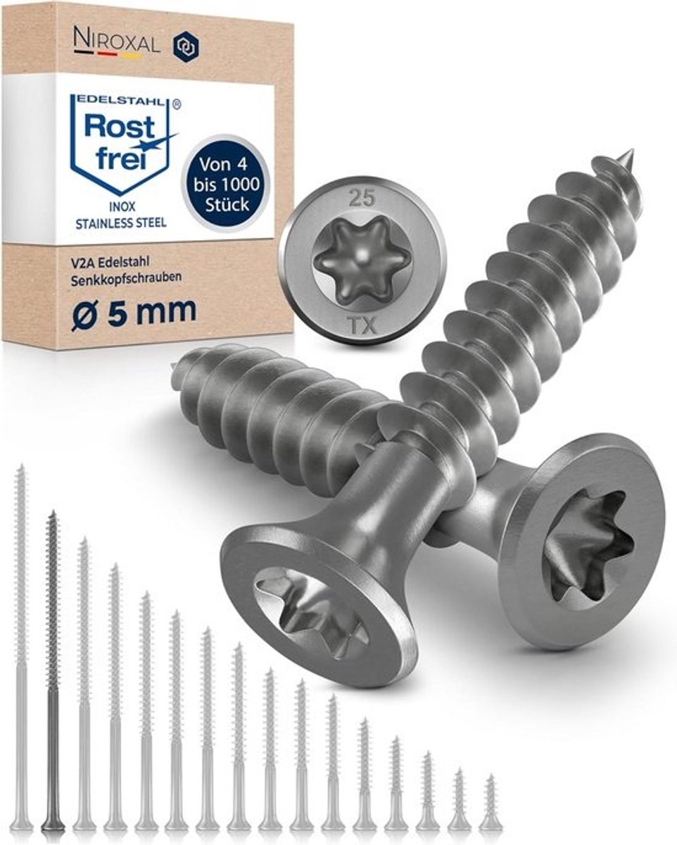 RVS Houtschroeven Torx V2A met Gedeeltelijke Schroefdraad (5x100mm) - 100 Stuks