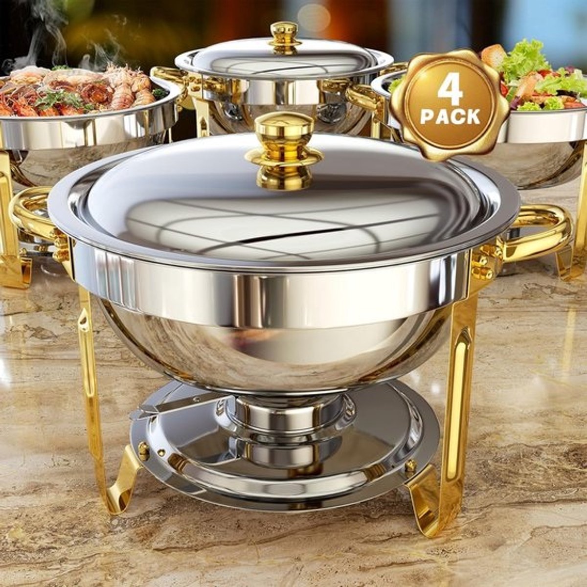 Buffet Warmhoud Sets - Schaal Sets - Feesten Catering - Roestvrij Staal - 5QT Rond - Goud Zilver