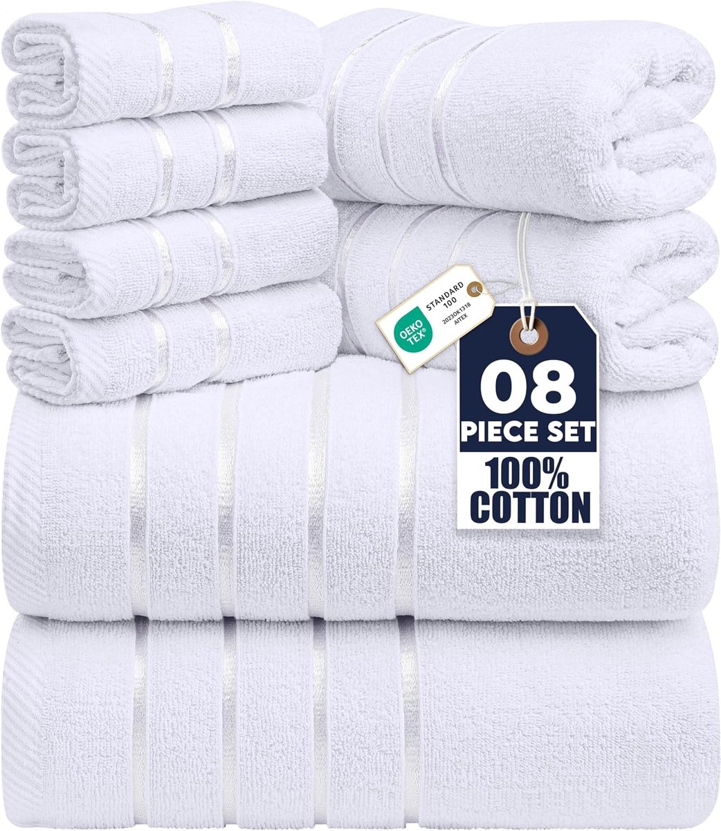 Towels 8-delige luxe handdoekenset, 2 badhanddoeken, 2 handdoeken en 4 washandjes, 97% ringgesponnen katoen zeer absorberend viscose streep handdoeken ideaal voor dagelijks gebruik (Wit)