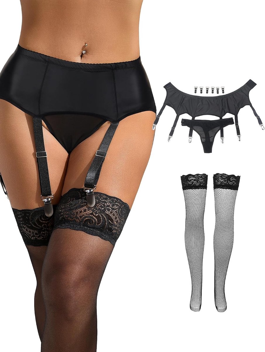 Jarretelgordel voor dames, sexy leren jarretelgordel met 6 houders, grote maten, wetlook, jarretelhouder, metalen clips, vervangende lingerie, jarretelset, curvy ondergoed met tanga