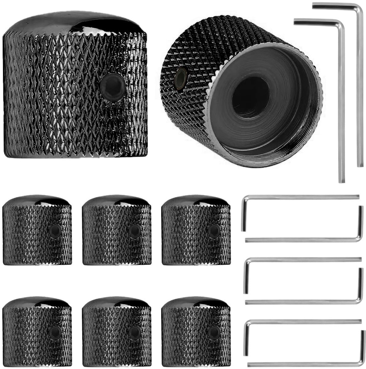 Zwarte metalen gitaarbedieningsknoppen met volume- en klankkkoepel met 6 mm gekartelde potentiometer en e-bassleutel (8 stuks)