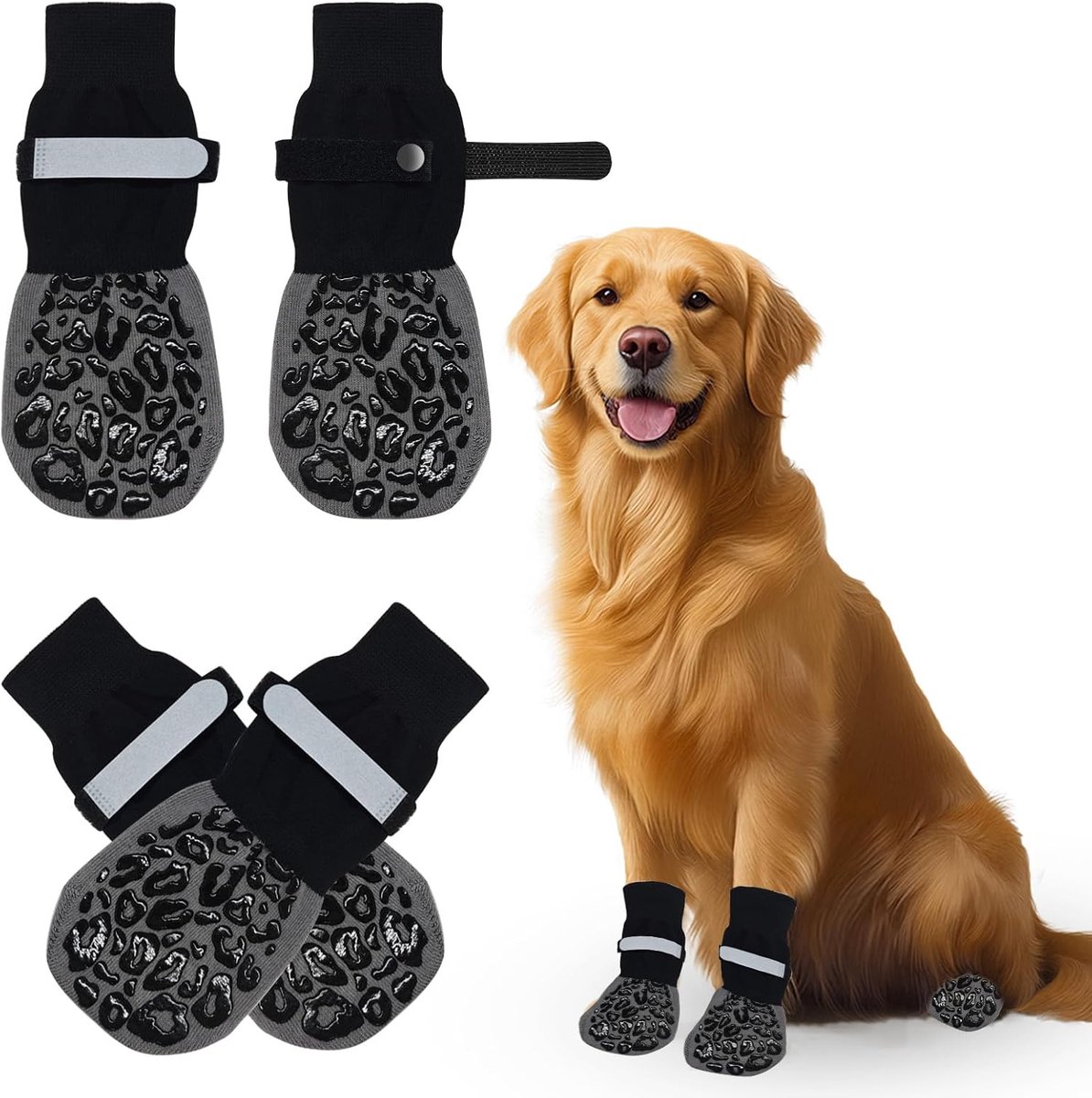 Antislipsokken voor honden, 4 stuks, zwart, anti-likken, hondensokken met verstelbare bevestigingsbanden, voor kleine of middelgrote honden en katten