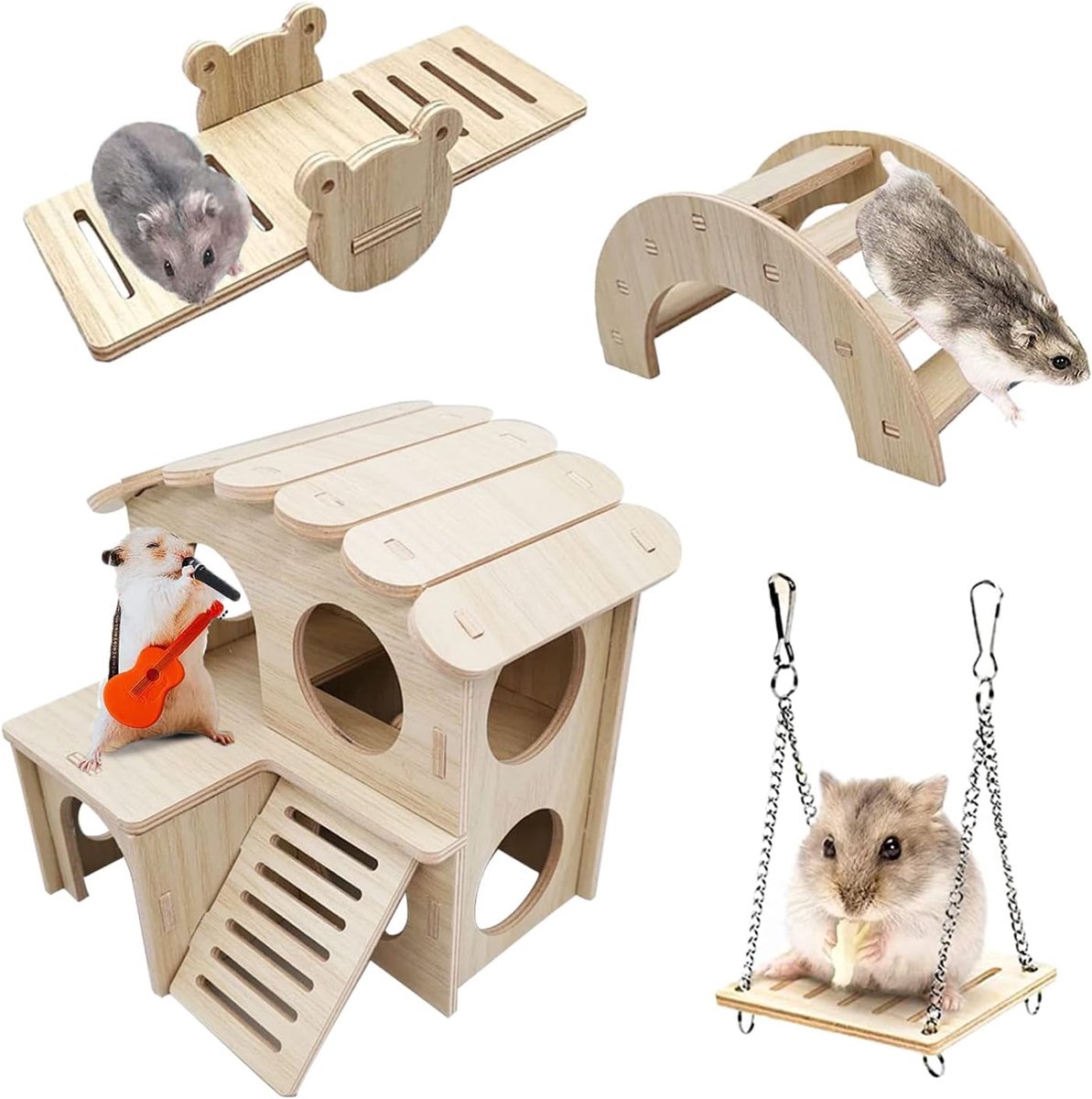 Speelgoed houten, hamster huis schommel brug, klimmen en spelen speelplaats voor cavia, dwerghamster, chinchilla, ratten