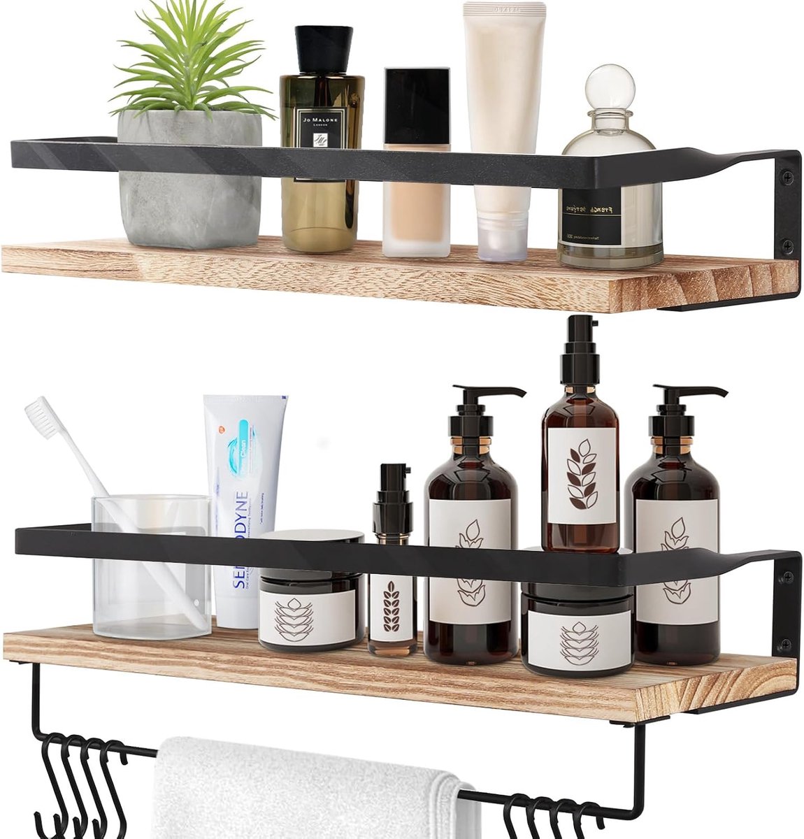 Wandrek, hout, zwevend rek, rustiek, met handdoekhouder, set van 2, lichtbruin, voor slaapkamer, woonkamer, badkamer, keuken, kantoor