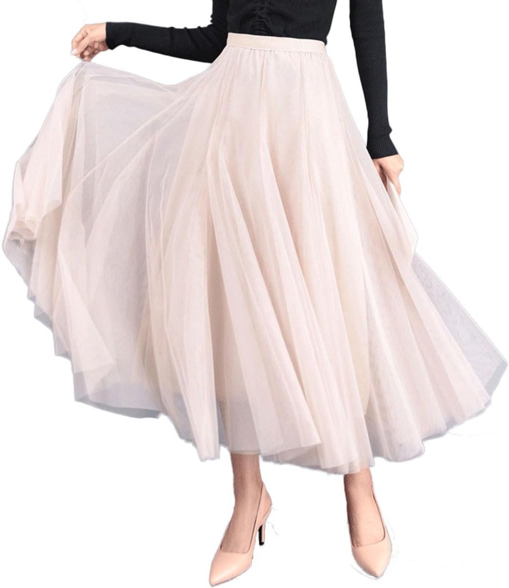 Rok voor dames, A-lijn, elastische hoge tailleband, midi-rok, mesh, grote zoom, lange rok, elegante plooirok, zomerrok