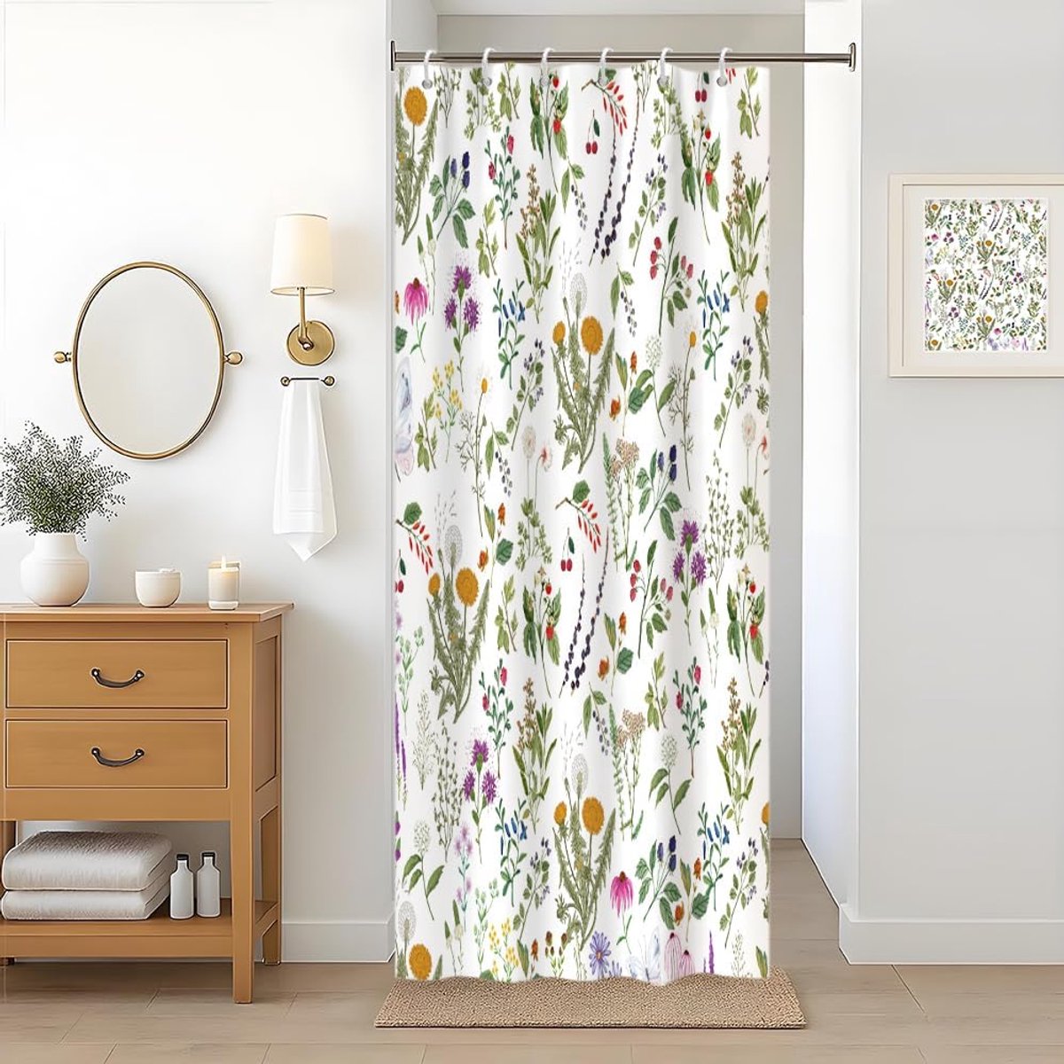 Douchegordijn, vintage, bloemen, groen, bladerenmotief, smal douchegordijn, anti-schimmel, waterdicht, polyester stof, wasbaar, ondoorzichtig, badgordijn met haken voor badkamer, 90 x 180 cm