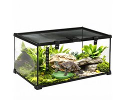 ECTEATOY® Glazen Terrarium voor Reptielen en Amfibieën met Schuifdeksel - Incl. Thermometer - Waterbakje - Zwart - 50x30x25 cm