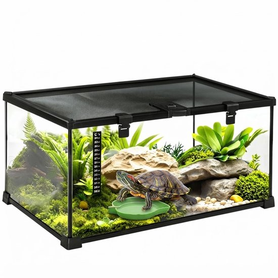 Glazen terrarium met schuifdeksel, thermometer en waterbakje. Een schildpad zit op een groen blaadje met planten en rotsen op de achtergrond.