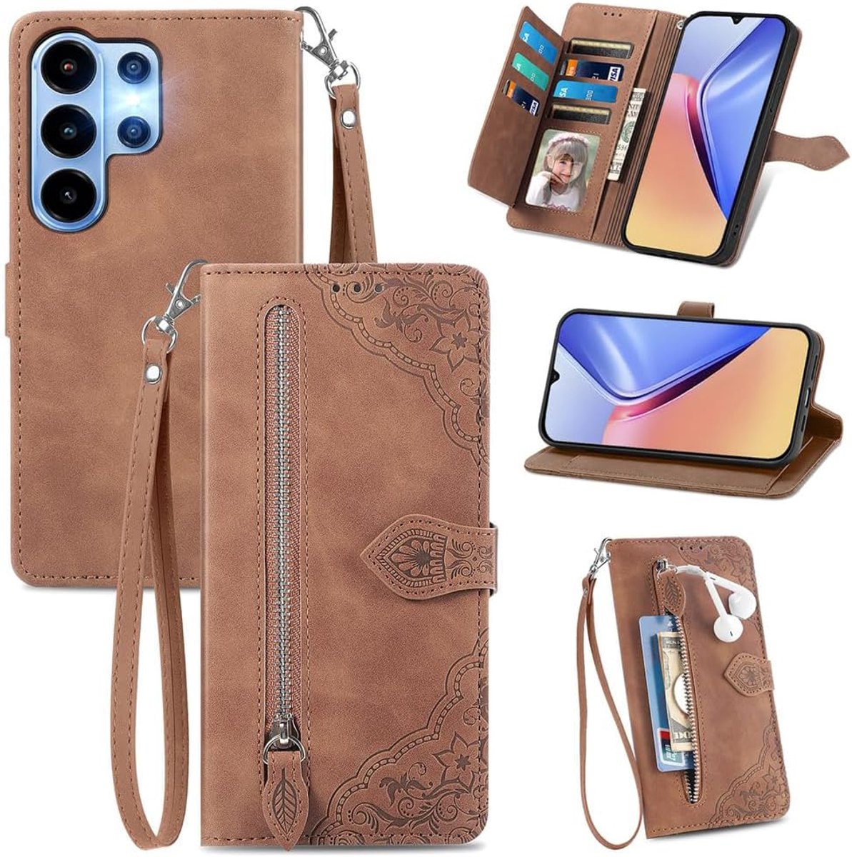 Flip Hoesje Compatibel met Blackview Wave 10 / Wave 10C, PU Leren Rits Portemonnee Hoesje Flip Telefoonhoesje met TPU Shell, Kaarthouder Multifunctioneel Hoesje. Brown