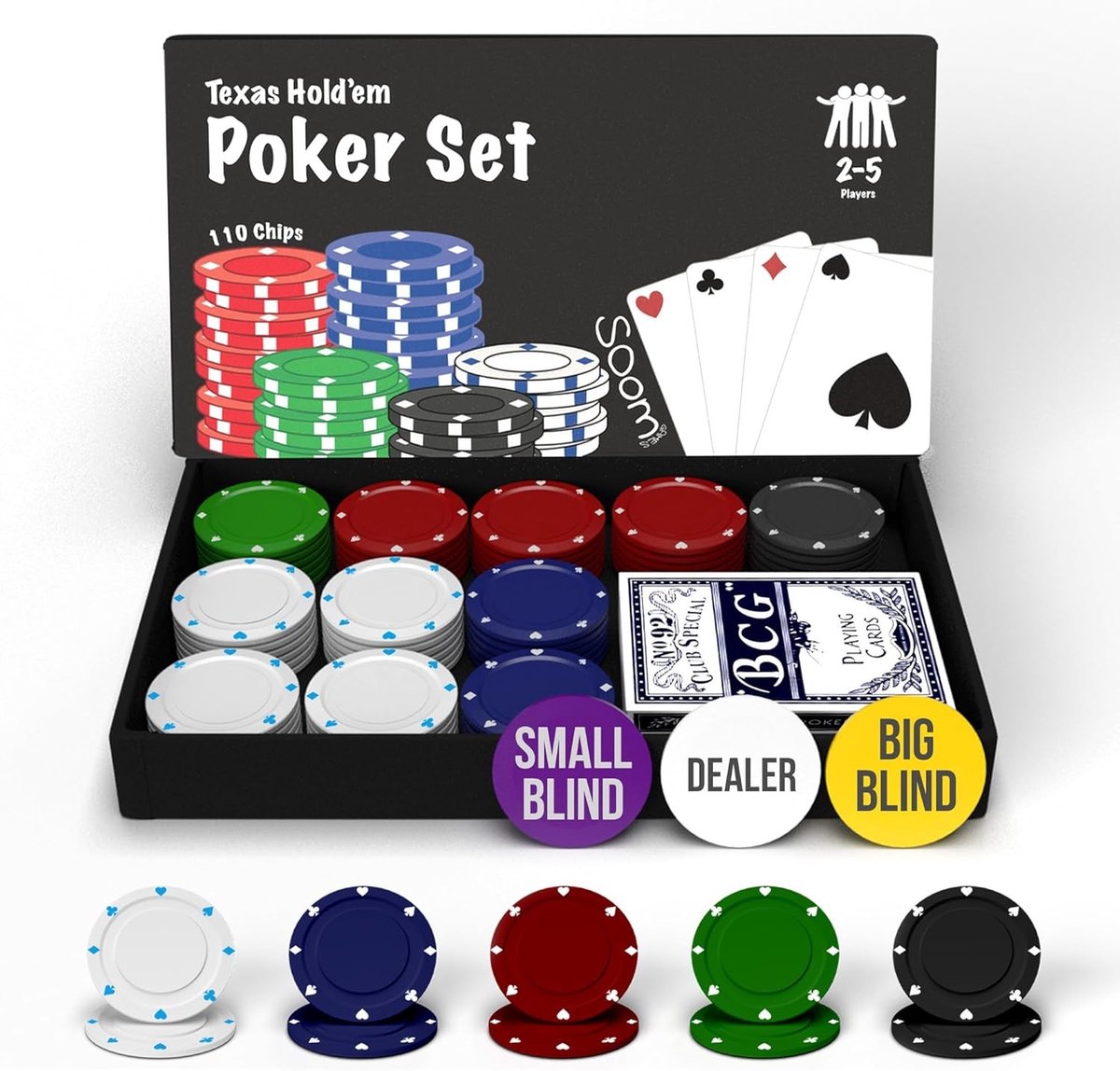 Pokerset - Compact - 2-5 Spelers - Inclusief Speelkaarten en Knoppen - Voor Poker en Blackjack