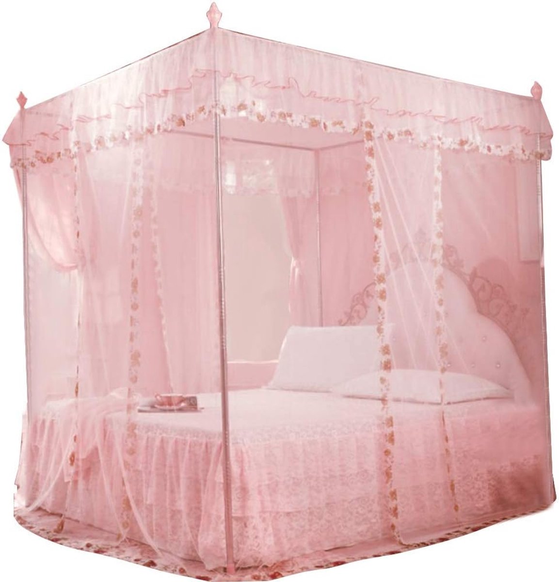 Dailygoods- Gordijnen met hemelbed - Klamboe 2 persoons - Drie zijopeningen - Polyester - Roze - Afmetingen 120 x 200 x 200 cm