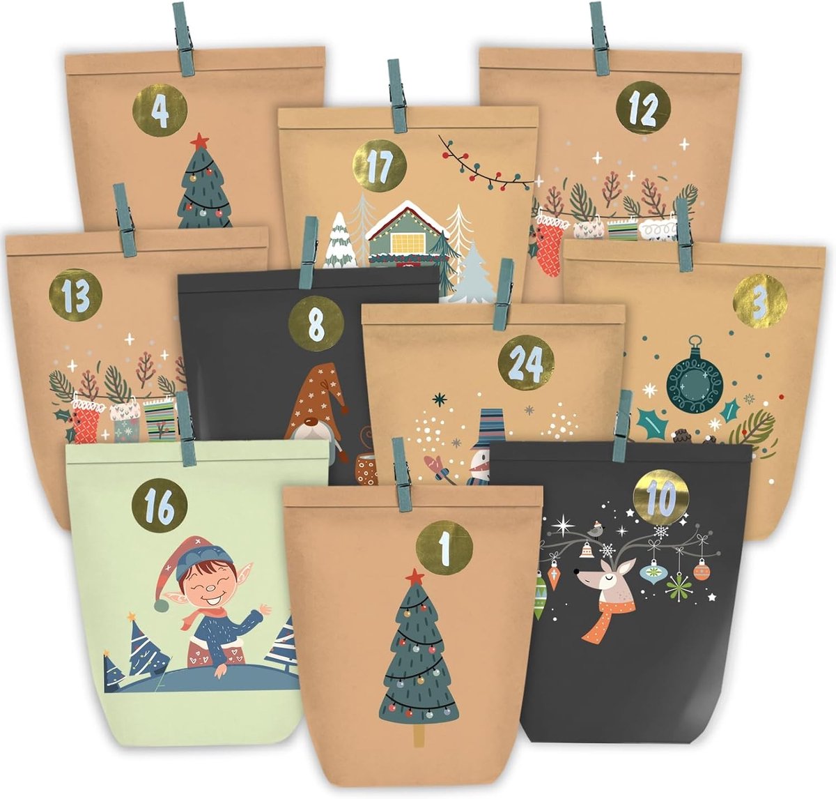 Adventskalender om te vullen - Bruin - Papieren Zakjes met Cijfers en Houten Klemmen - Voor Kinderen en Volwassenen